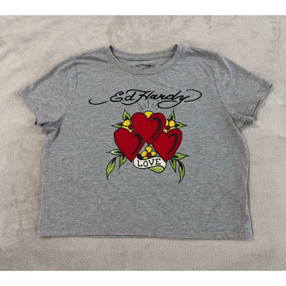 Ed Hardy Womens XL Gray Tattoo Heart Love Graphic Crop Top Tee EHW1104 Y2K Style